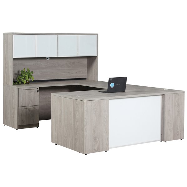 We'Re It Desk it, Ultra Premium Series 71"x113" U-Shape Desk with Full Front, Storage & Glass Trim, Grey Oak UP-SFU7248FG